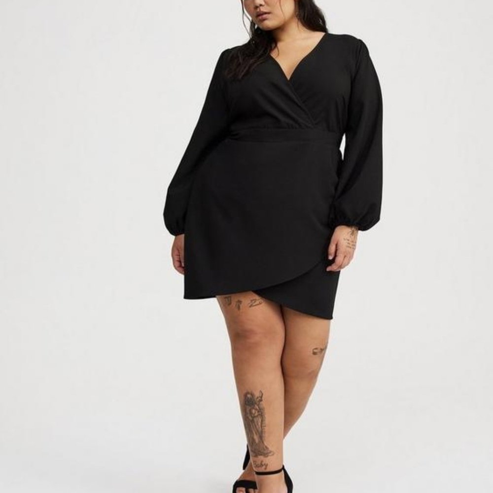 torrid Black Faux-Wrap Long Sleeve Tulip Mini Dress